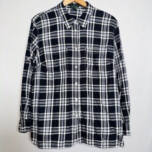 Lauren Ralph Lauren Black White Plaid Cotton Women's Plus 2x Button Down Shirt